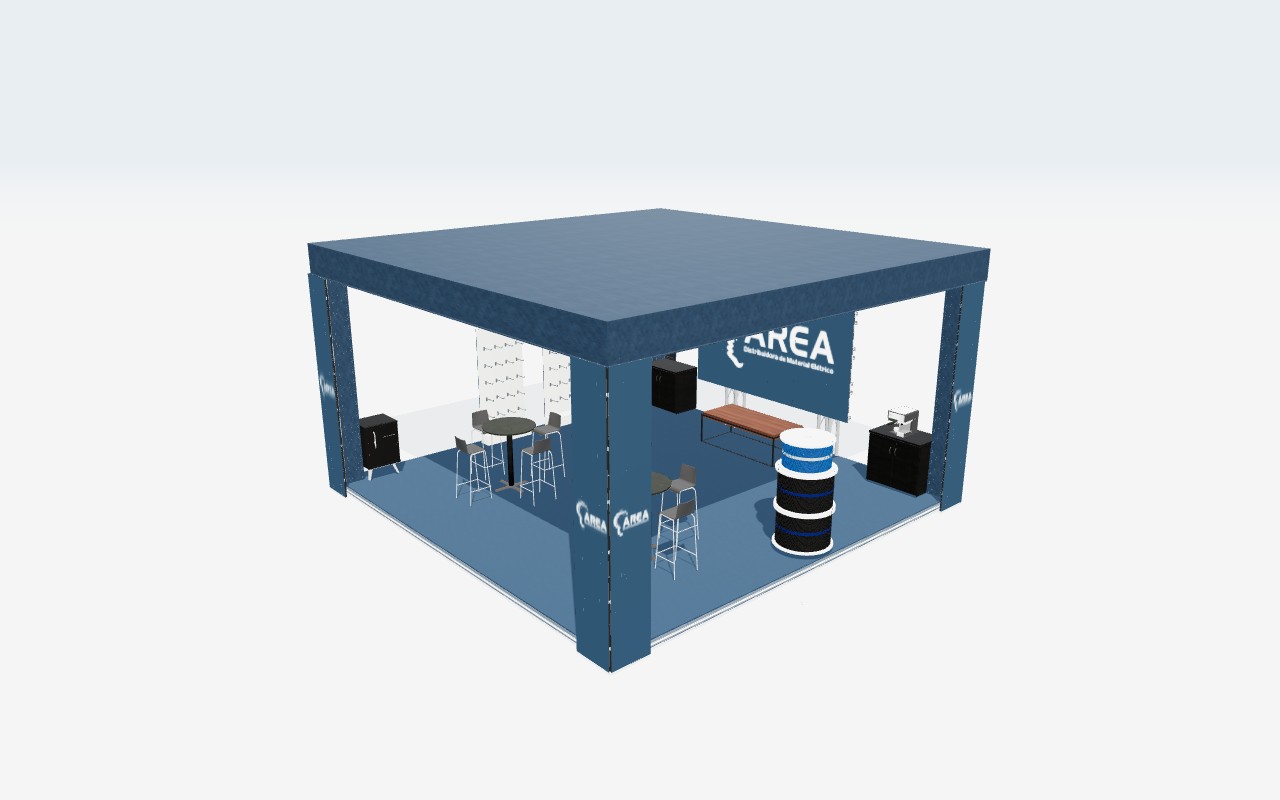 Stand AREA completo, com identidade visual, mobiliário e iluminação